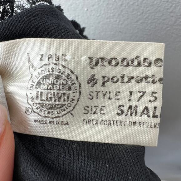 VTG Dolores For Poirette Black Sleep Bodysuit Lace Ruffle VNeck Pullover S Small - Picture 7 of 8